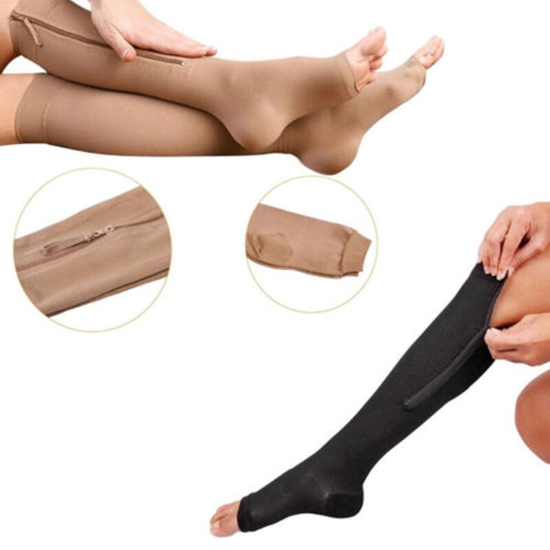 Dragkedja kompressionsstrumpor herr & dam tryck nylon dragkedja knä strumpor unisex benstöd stretch tryck öppen tå långa strumpor