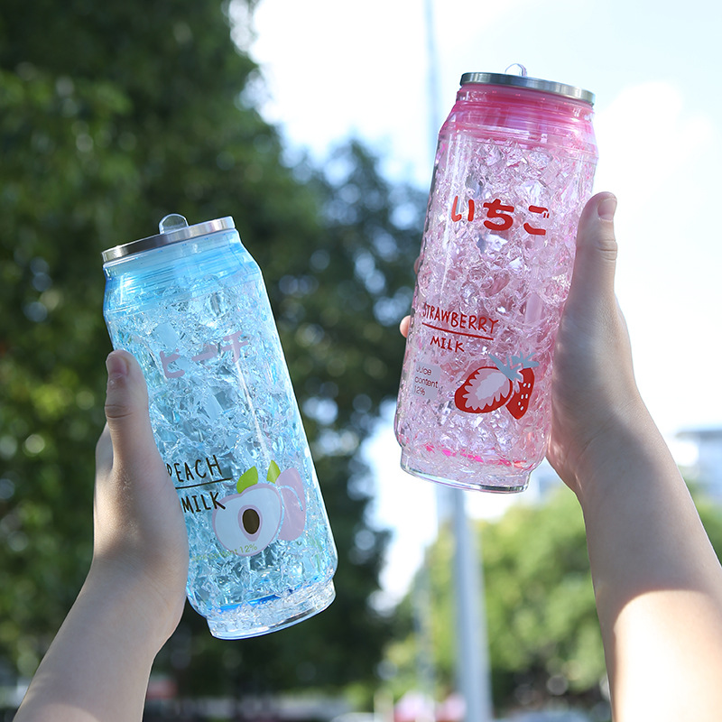 Śliczne dwuwarstwowa plastikowa butelka wody koksowniczej zgnieciona słoma lodowa 450ml kubek BPA bezpłatne naciskać pokrywa podróż oraz wycieczka Puchar prezent urodzinowy