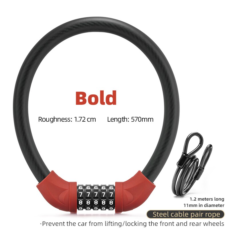 ROCKBROS Bike Lock Steel Five-digit Code Anti-theft 1.72CM Bold Cable Password Lock PVC Wrapped Lock MTB Road Bike Accessories: RKS570-RD-1