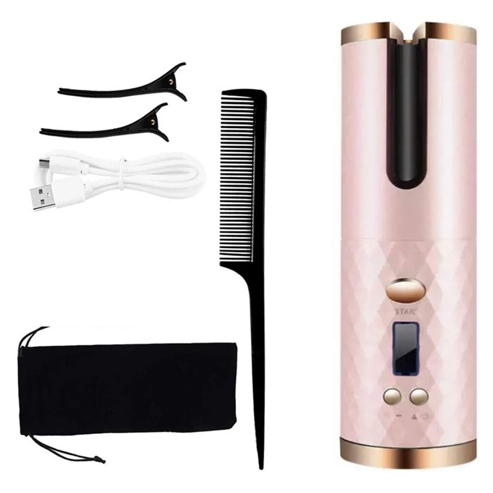 Cordless Automatic Hair Curler USB Rechargeable Curling Iron Curls Waves LCD Display Ceramic Curly Rotating Curling Wave Styler