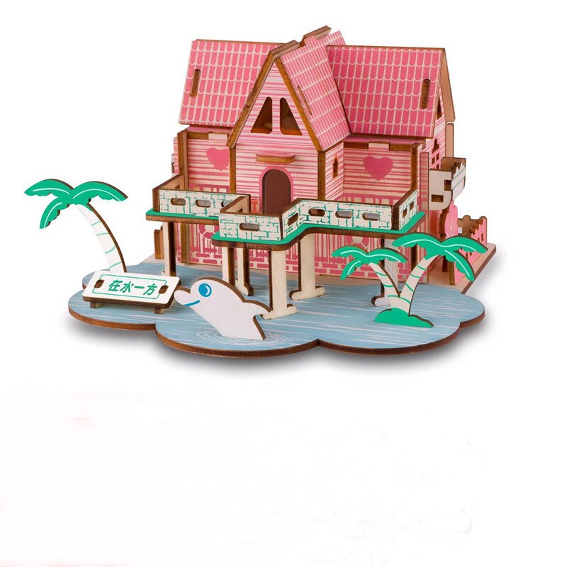 Wooden 3D three-dimensional handmade diy wooden puzzle cottage model children's toys: YELLOW