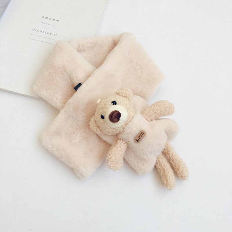 Autumn Winter Girls Warm Fleece Scarf with Bear Kids Fleece Scarves: Beige