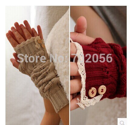 solid Lace knitted Fingerless Gloves Ballet Dance button glove burn out long Arm Warmers 7 colors #3706