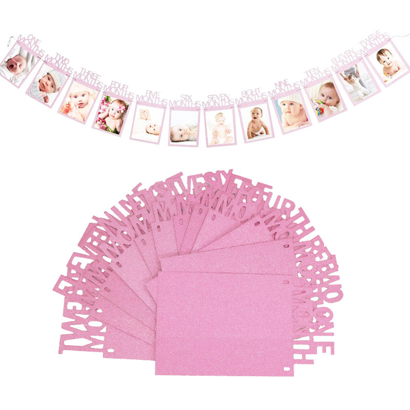 Decoraciones para de primer cumpleaños del bebé, cartel con marco de fotos de primer cumpleaños, suministros para de Baby Shower, 12 meses: Shining Pink