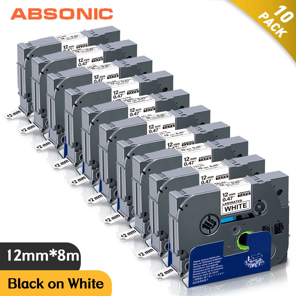 Absonic 10PCS 12mm for Brother tze-631 tze 631 tze631 Laminated Label Tape Tze 231 Tze-231 Use for Brother P touch Label Maker: 10PK Black on White