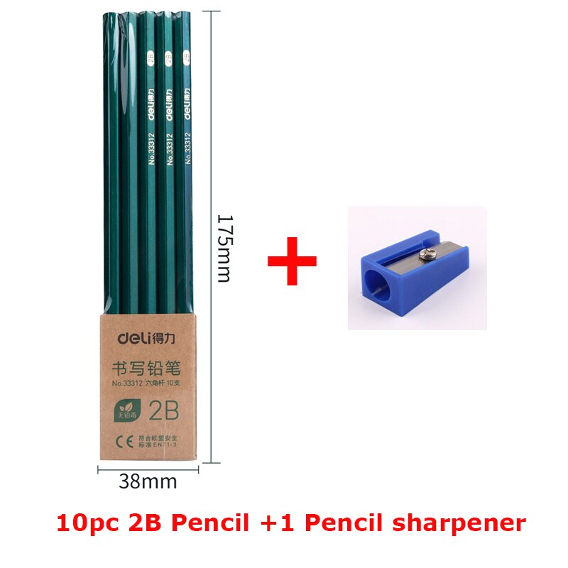 Deli 10pc/Lot Wooden Lead Pencil 2B/HB/2H Lapices Drawing Pencils School Student Pens Art Stationery Supplies with Sharpener: 2B with Sharpener