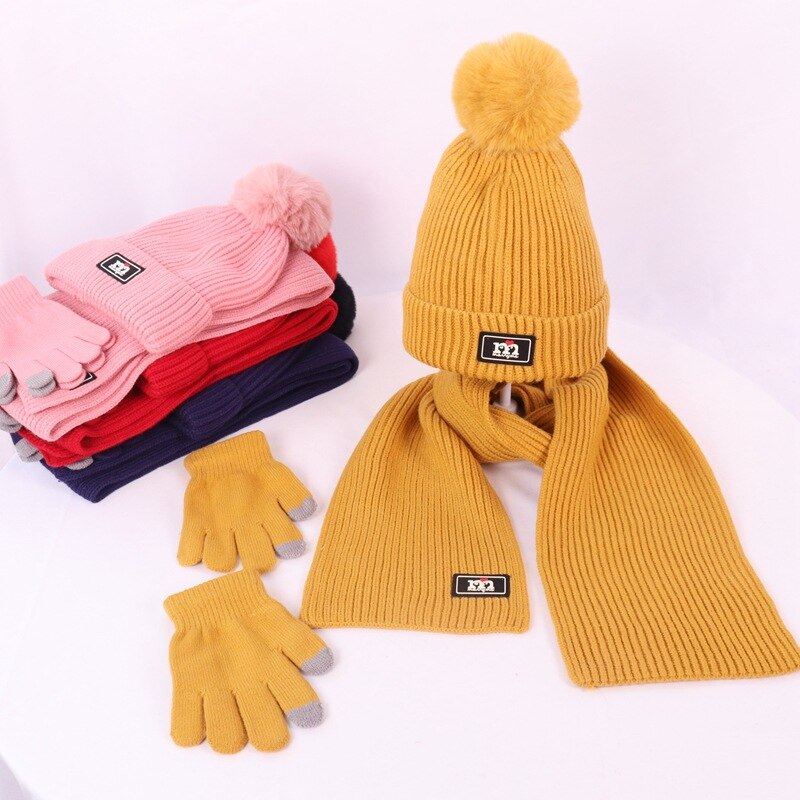 Børns vinter / efterår uld tredelt sweater cap til drenge og piger strikket varm hat tørklæde handsker sæt