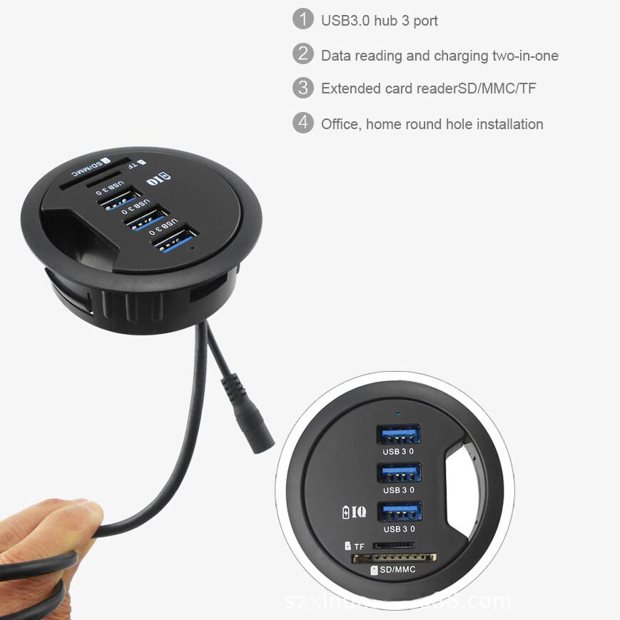 In-Desk USB Hub 3 Port USB 3.0 Charger Data Read / Charge Combo In-Desk Hub with 2 Slot SD / Micro-SD Card Reader &amp;AC/DC Adapter