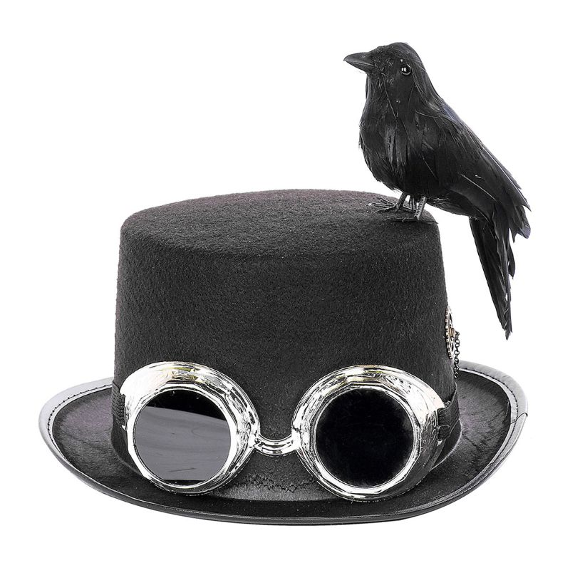Unisex Heavy Metal Music Festival Top Hat Carnival Retro Gothic Steampunk Cosplay Black Jazz Cap with Crow Goggles