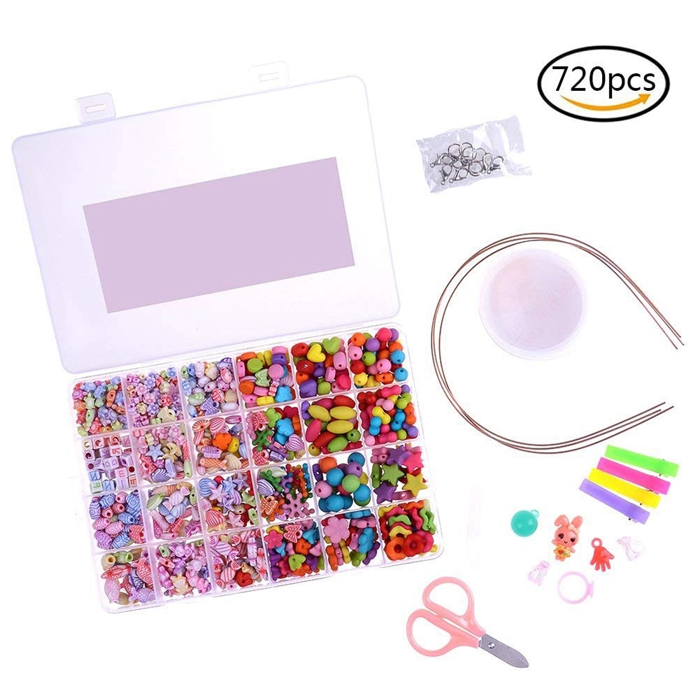 720 Stuks Kids Diy Armband Ketting Kralen Sieraden Maken Kleurrijke Acryl Kralen Met Bonus Accessoires Voor Meisjes: Default Title