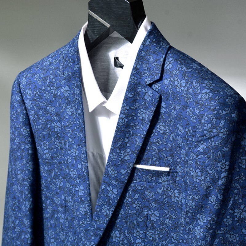 Men Slim Casual Blazer Spring Autumn Blue Printed Suit Jacket Turn-Down Collar Single Button Business Party Formal Coat