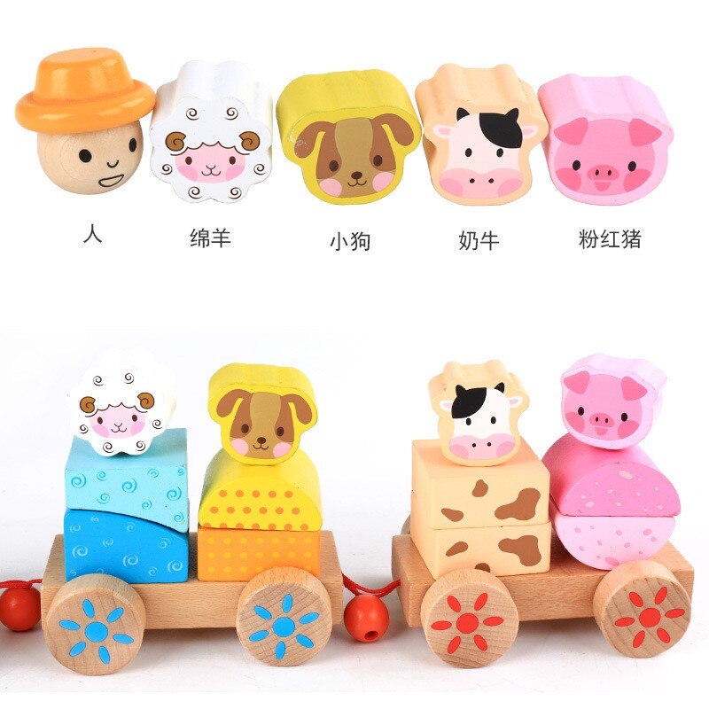 Children's Wooden Building Blocks tractor farm animals three small trains infants early childhood cognitive learning toys