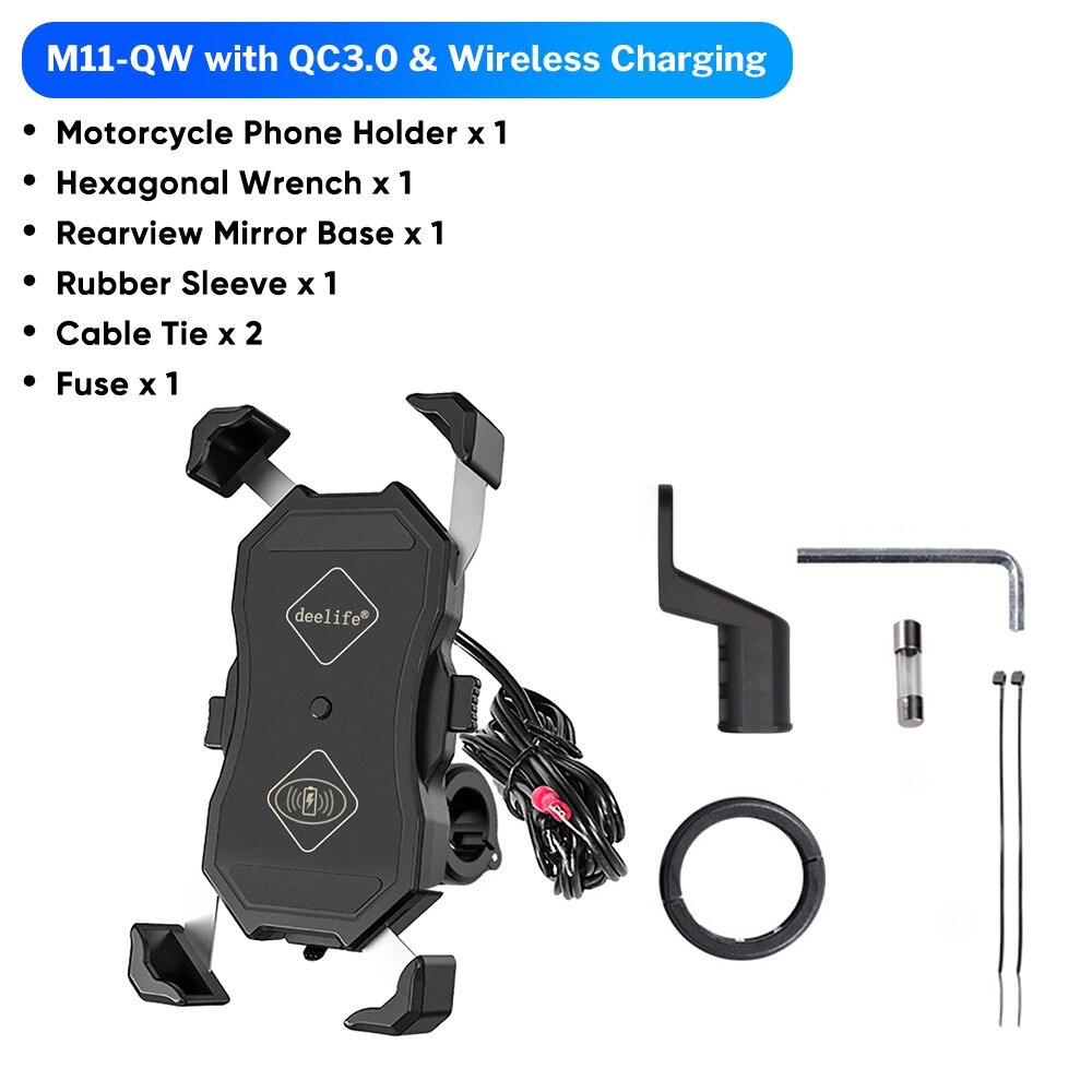 Deelife Mobile Phone Holder Motorcycle Wireless Charging with QC 3.0 USB Qi Charger GPS Navigation Mount Bracket: QC3.0 and Wireless