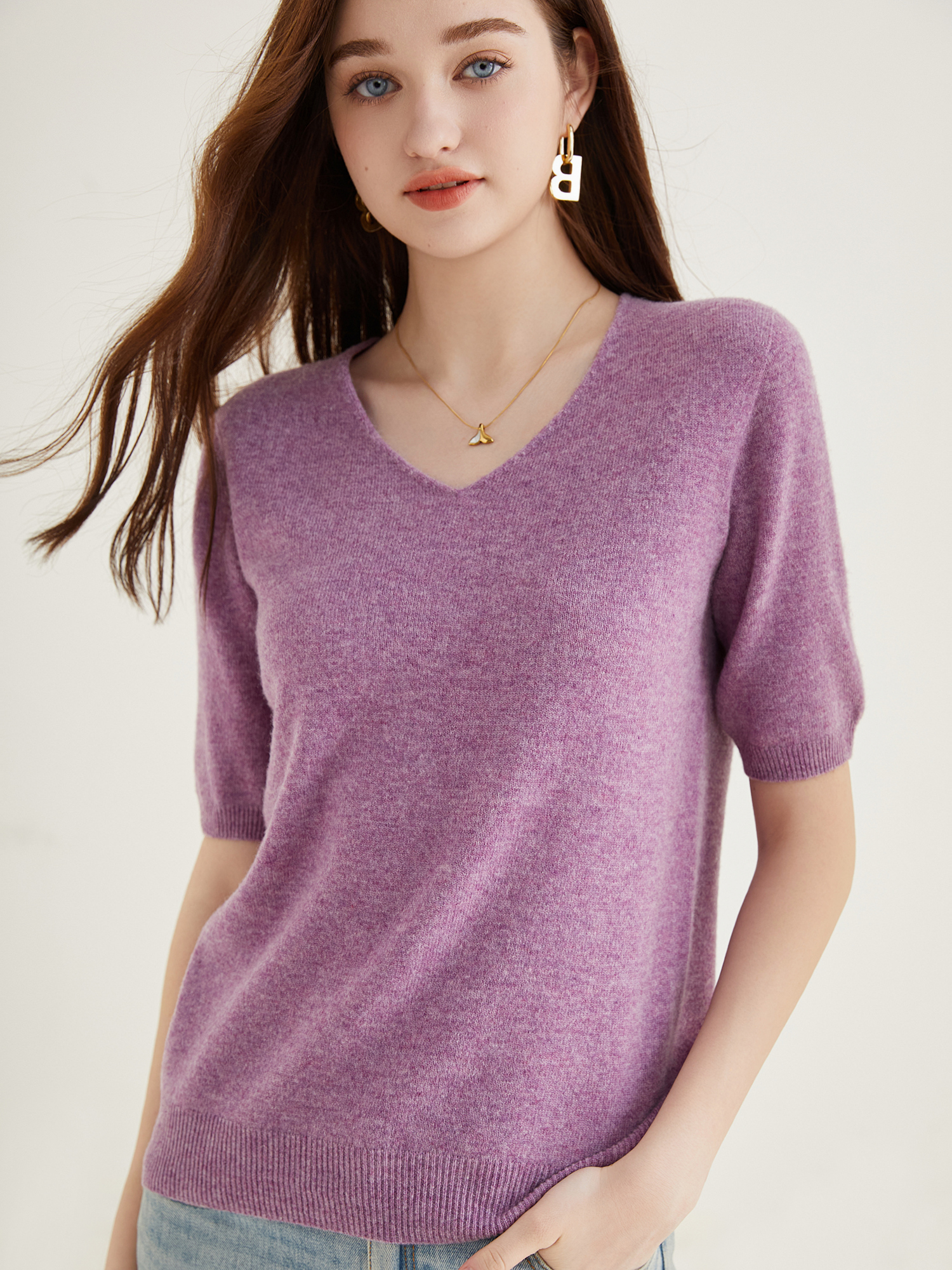 Women's Sweater 100% Merino Wool Sweater for Women Pullover Short Sleeve Tops Spring Summer V Neck Soft Knitted Female Clothing