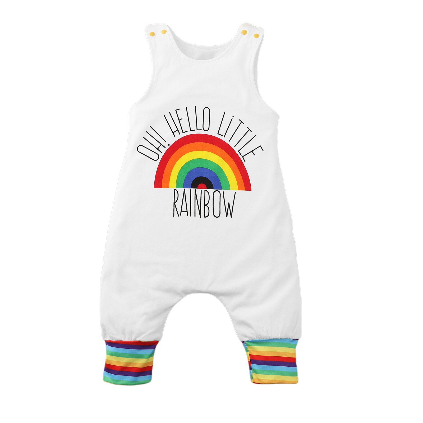 Baby Baby Meisjes Jongens Casual Mouwloze Jumpsuit, Witte Letters En Regenboog Gedrukt Patroon Ronde Kraag Een Stuk Kleurrijke