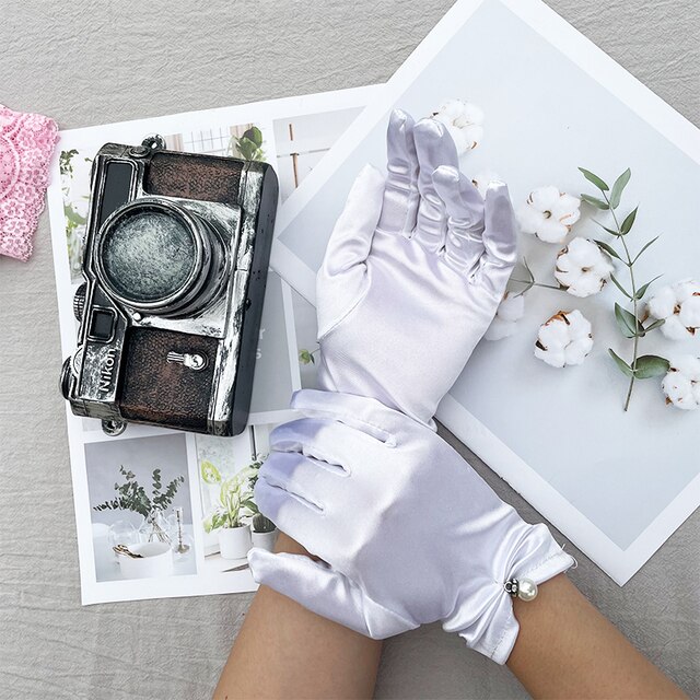 Women's Summer Thin Short Satin Elastic Etiquette Dress Gloves Pearl Lace Bow UV Sunscreen Cycling Driving Mittens K69: White