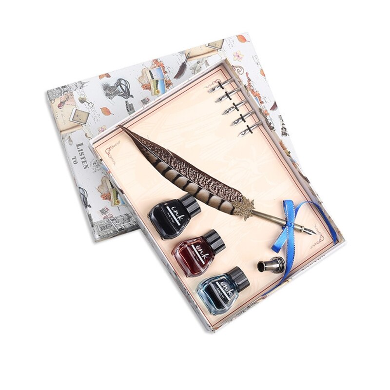 Calligraphy Set Antique Brass Holder 3 Ink Bottle for Beginner Students or Commerce Site 40JB: 3