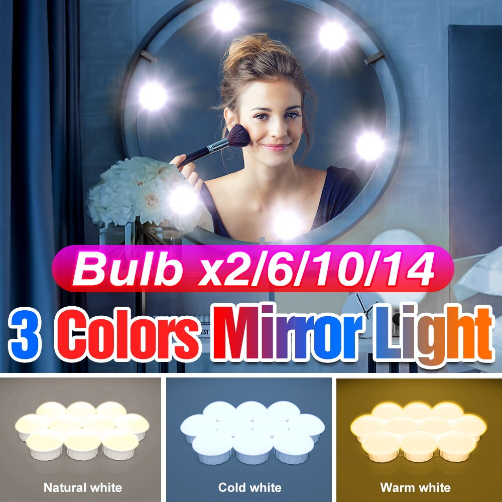 3 Colors LED Dressing Table Wall Lamp USB Hollywood Makeup Mirror Light 12V Bathroom Vanity Toiletries Lighting Bulb Kit 6 10 14