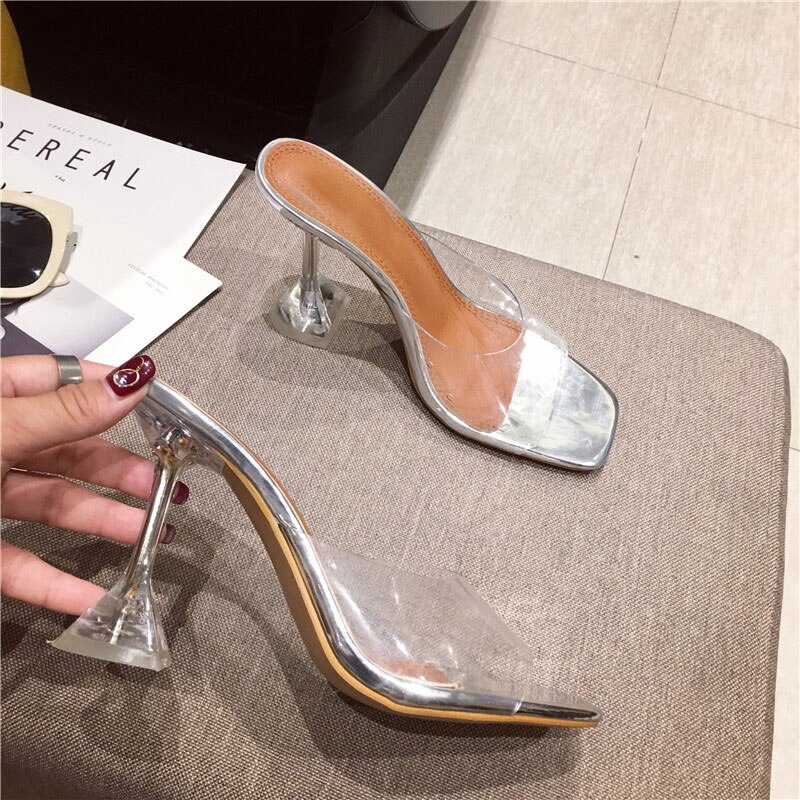 Gule pvc gelé sandaler krystal åben tå perspex sike høje hæle krystal kvinder gennemsigtige hæl sandaler hjemmesko 9cm pumps