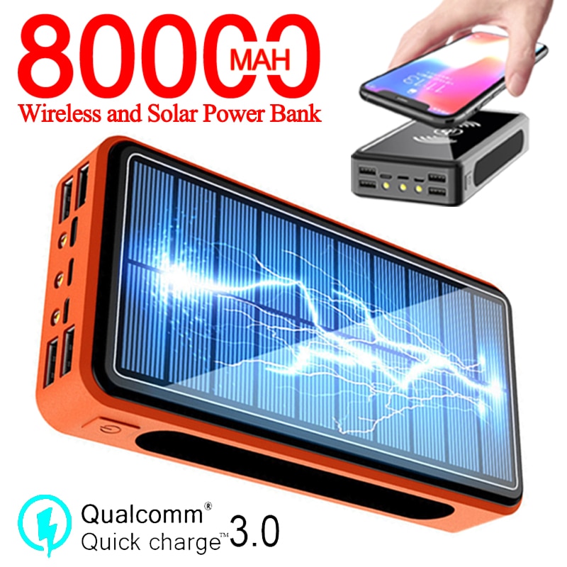 80000mAh Powerbank na energię słoneczną Qi bezprzewodowy przenośny telefon szybka ładowarka ładowanie zewnętrzne 4 zewnętrzne lampy kempingowe USB Powerbank