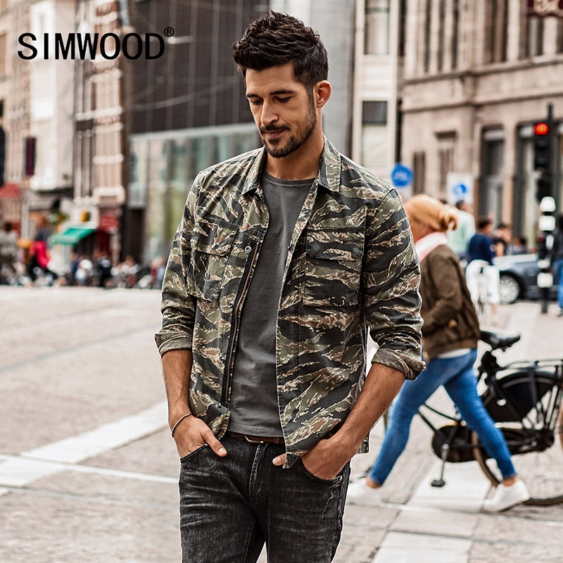 Simwood mærke jakke efterår denim jakke mænd overtøj casual camouflage frakker slim fit 100%  bomuld  nk017012