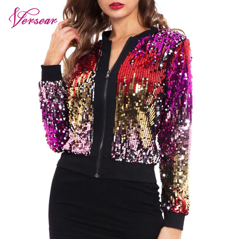 Vesear Vrouwen Mode Kort Jasje Sequin Sparkly Bomber Jassen V-hals Lange Mouwen Rits Glitter Clubwear Streetwear Chic Jas