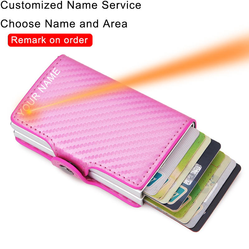 Rfid Blocking Protection Men id Credit Card Holder Wallet Leather Metal Aluminum Business Bank Card Case CreditCard Cardholder: Pink (Name Service)