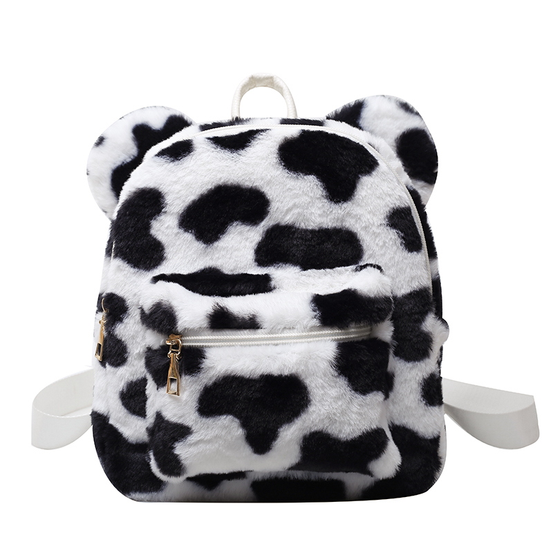 2021 kpop mini mochila para meninas mochila de pelúcia com orelhas de urso pele ombros saco bonito peludo: Black Cow