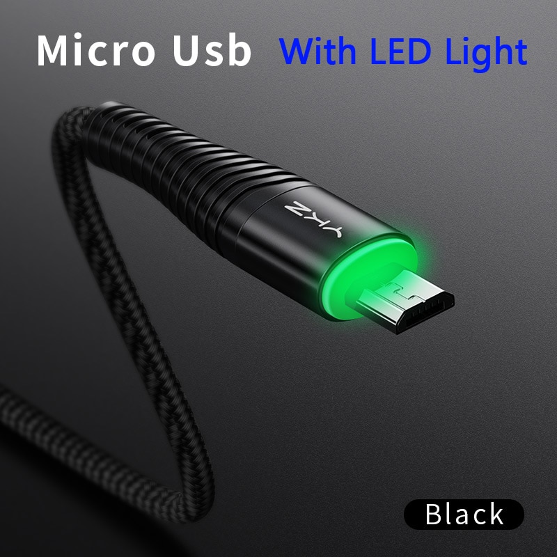 Ykz 3a led micro usb cabo de carregamento rápido microusb carregador data cabo fio para samsung huawei xiaomi cabo android telefone móvel: Black with LED / 1m