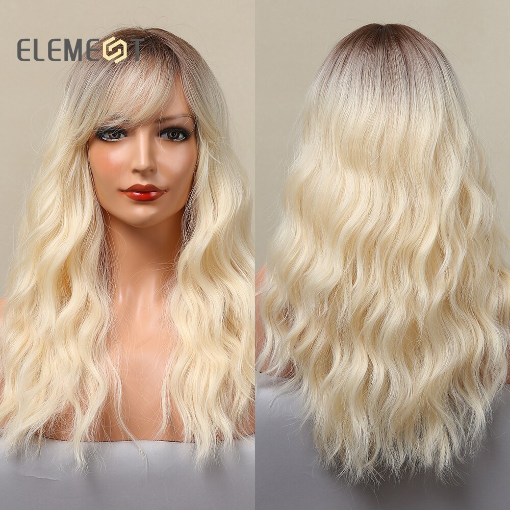 Element Lange Water Wave Haar Synthetische Ombre Blonde Gouden Pruiken Met Air Pony Voor Wit Of Zwart Vrouwen