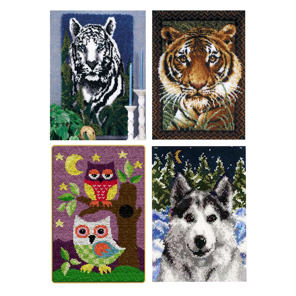 DIY Latch Hook Rug Kits for Kids Beginners Carpet Making Animal Tiger/Wolf/Owl Pattern Hooking Crafts - 85x62cm