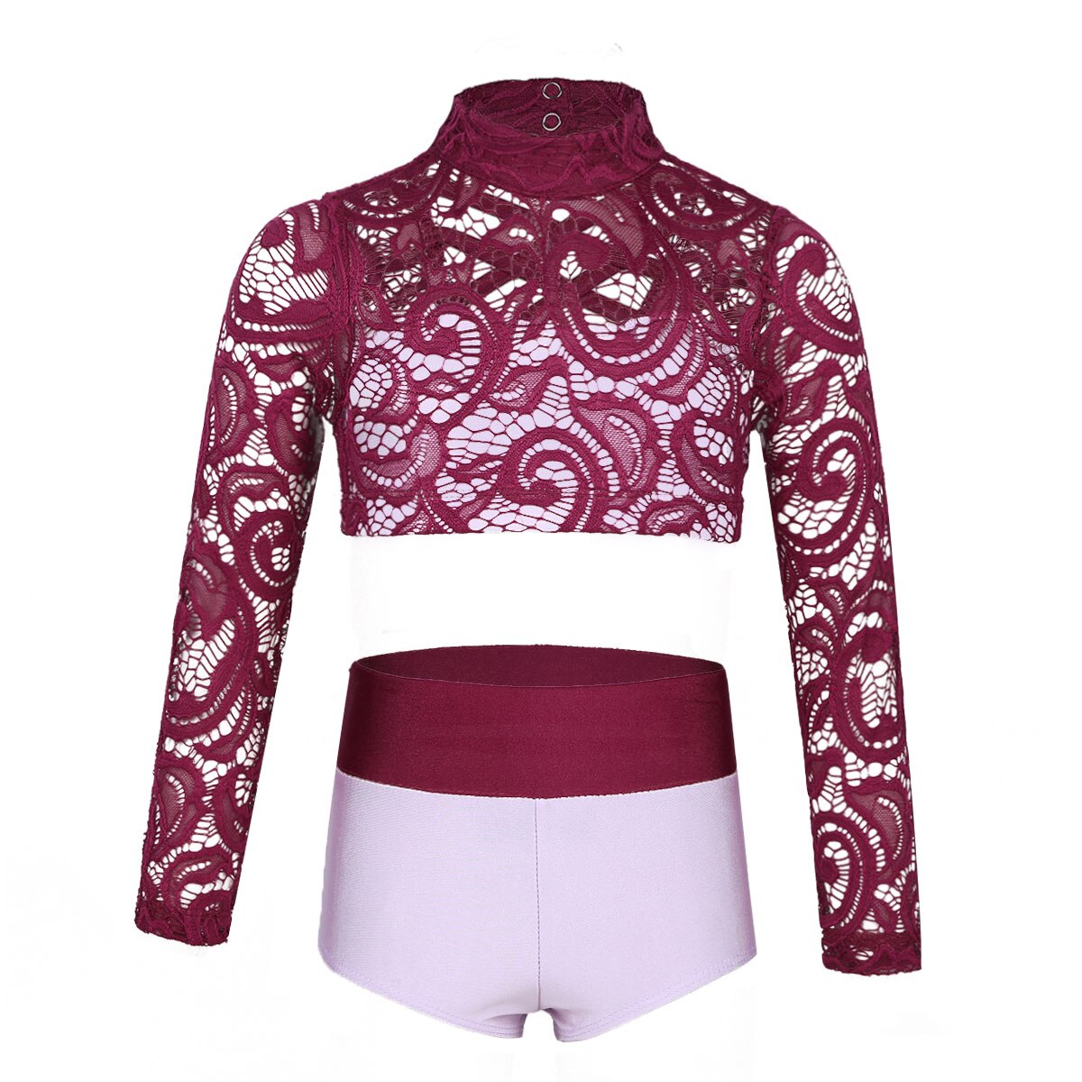 Børn piger ballet dans kostume moderne jazz hiphop stang tøj ballerina lyrisk dans slid lange ærmer crop top og trusser: Bordeaux lavendel / 8