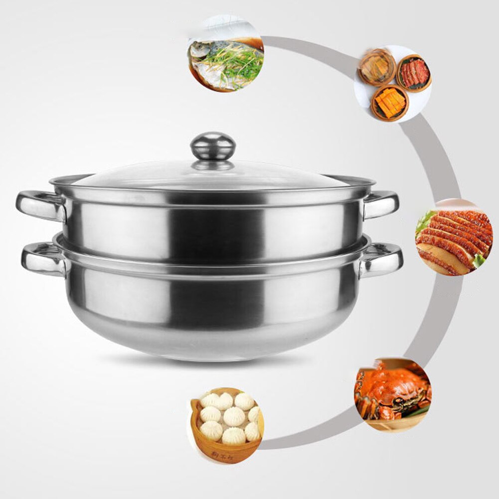 28cm 2-Layer Steamer Stainless Steel Fast Heat Conductivity Dual-purpose Pot Kitchen Boiling Soup Steaming Pot with Lid