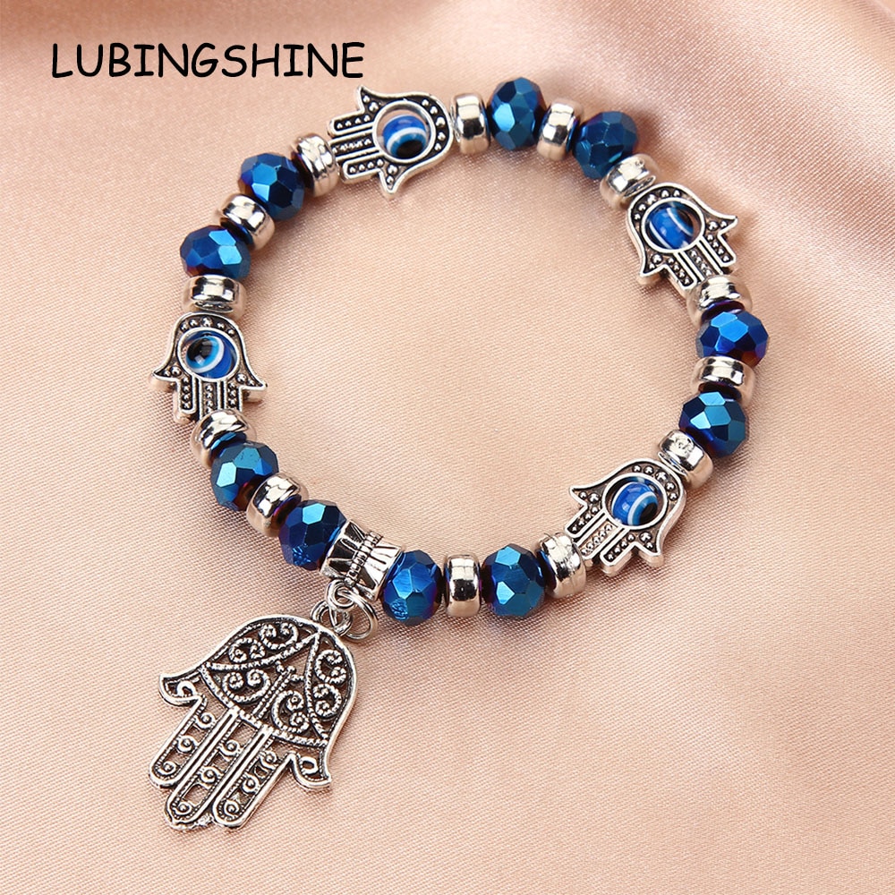 Bracelet élastique mauvais œil turc pour hommes, breloques en cristal, main de Fatima, perlé, réglable, bijoux de Yoga,