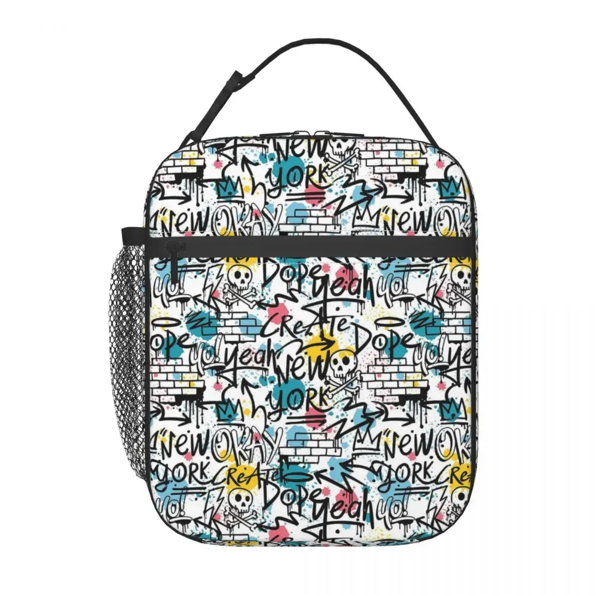 Lunch Bag Abstract Graffiti Convenient Lunch Box For Women Black And White Office Cooler Bag Oxford Thermal Lunch Bags: Dark Grey