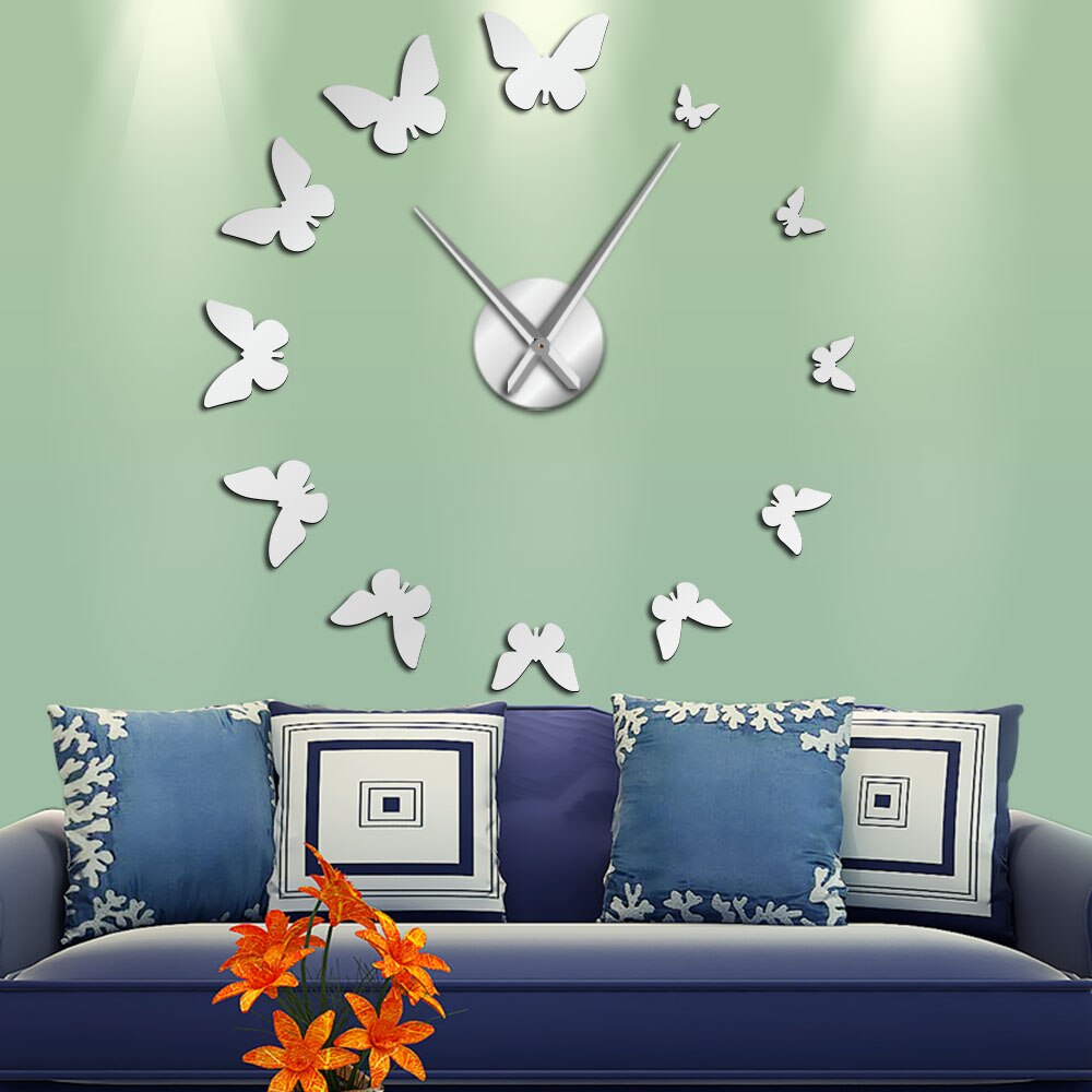 DIY Giant Wall Clock 3D Butterfly Mirror Large Numer Wall Clock Sticker Animal DIY Frameless Huge Modern Watch Decor