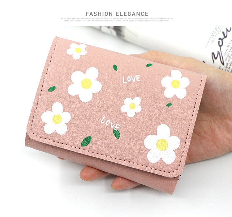 Japanese Mini Wallet Female Small Ultra-thin Cute Floral Tri-fold Leather Coin Purse Simple Short Student Mini Card Holder