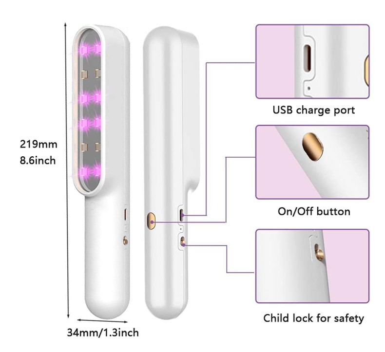 Portable UV Handheld Light Sanitizer Wand Ultraviolet Disinfection Lamp USB Charging UVC Sterilizer Light For Home Travel