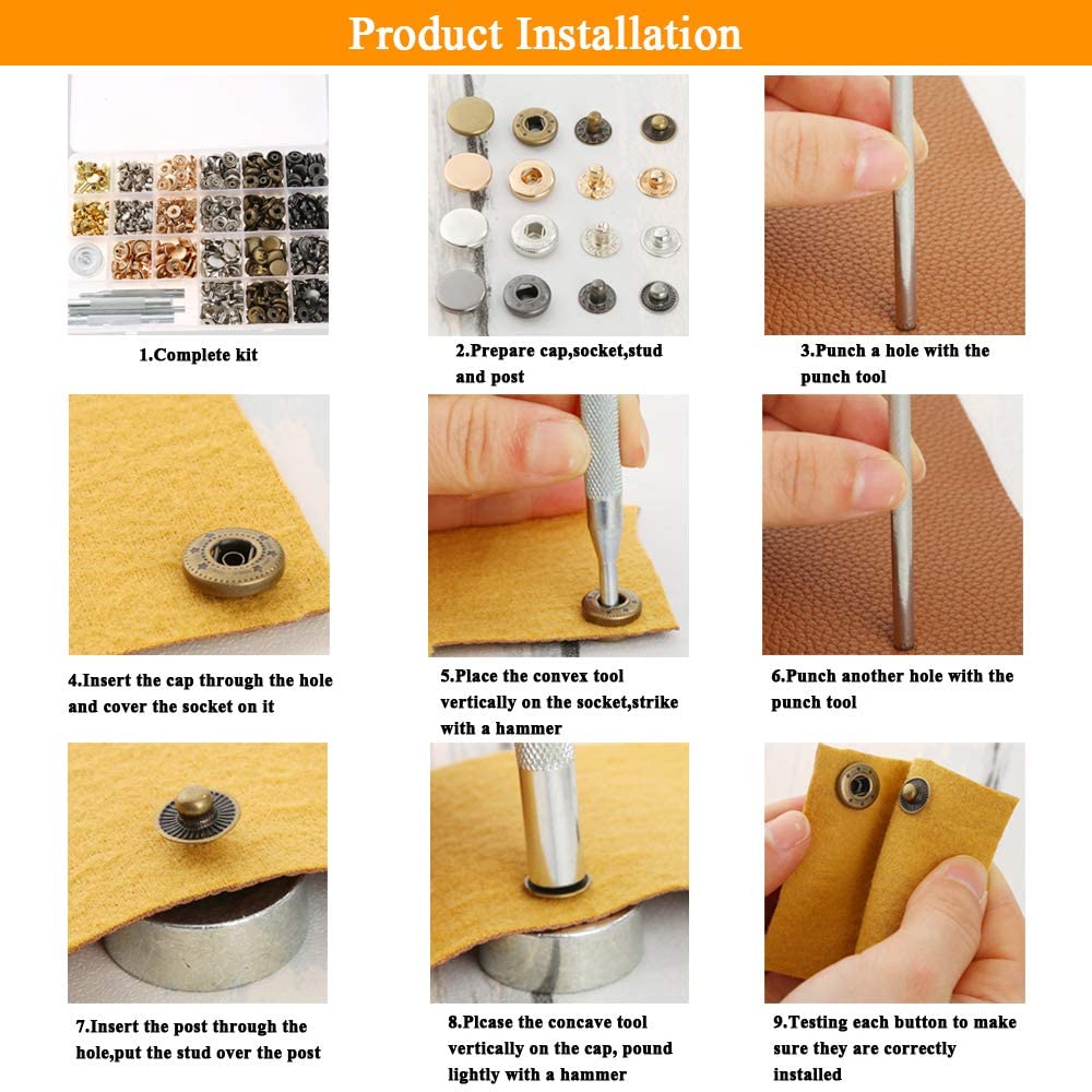 Kit de remaches de cuero, broches de Metal, incluye Kit de botones a presión, Tornillos, pernos de presión, remaches para cuero, cinturón, chaqueta, artesanía de cuero DIY