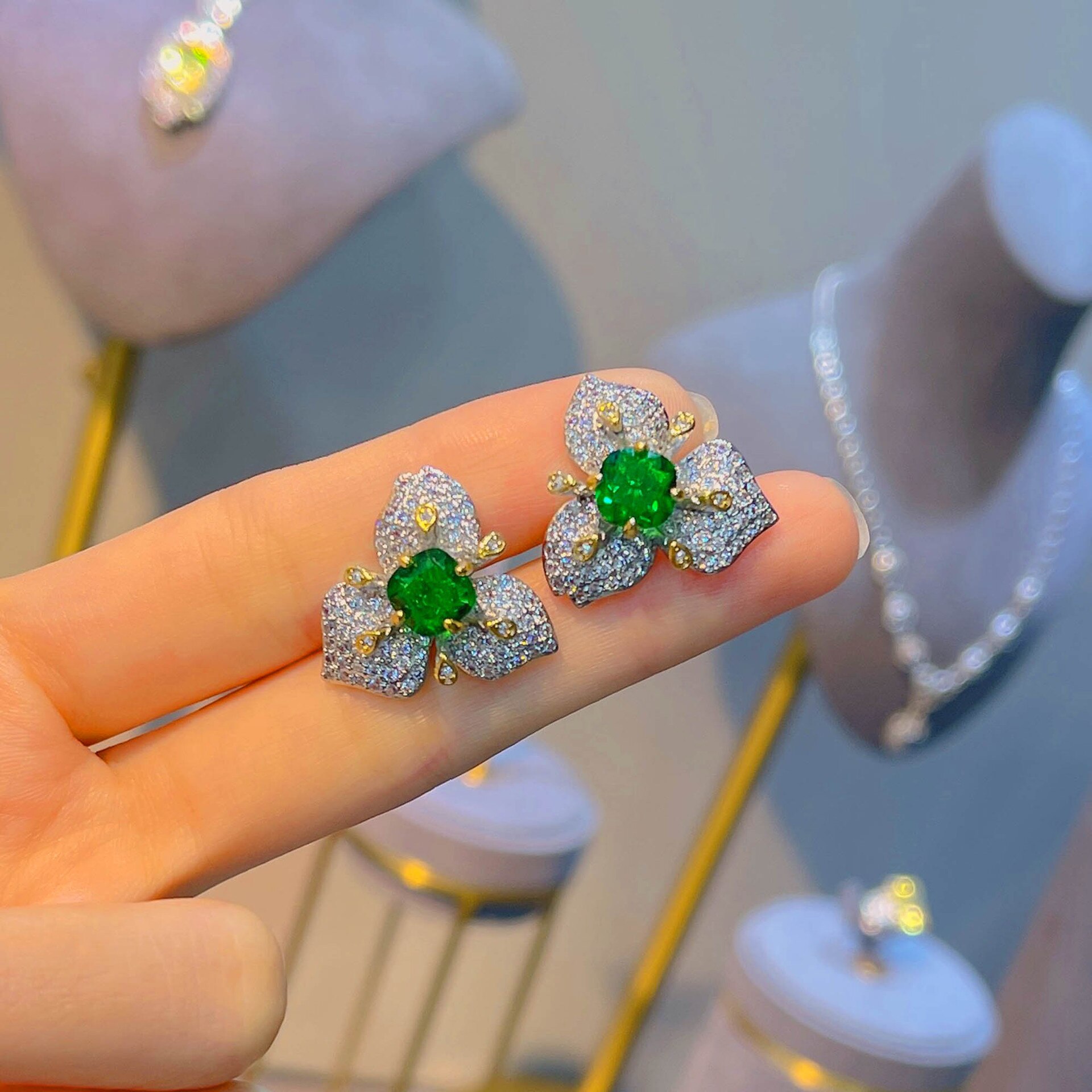 2022 Trendy Silver Color Jewelry Sets Flower Petal Crystal Stud Earrings Ring Popular Birthday: Green Earring