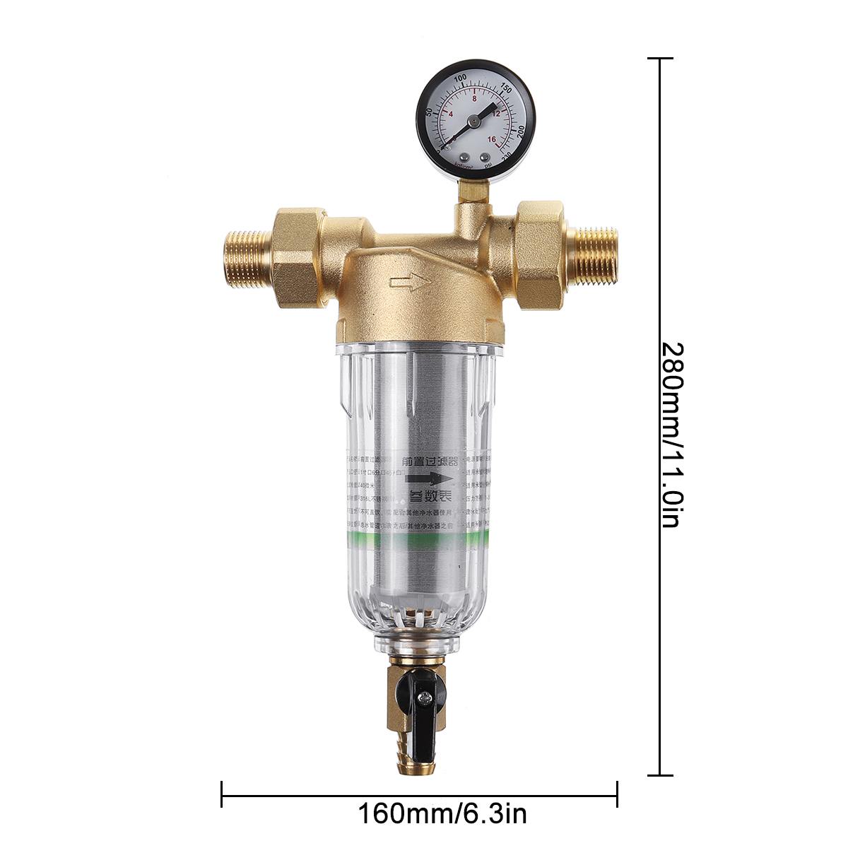Water Pre Filter System 1 Inch & 1/2 Inch()Brass Mesh Prefilter Purifier W/ Reducer Adapter&Gauge Water Purifier Pre-filter