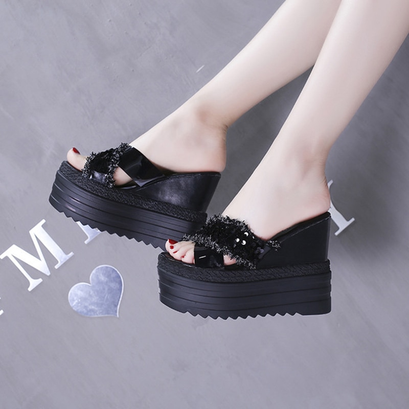 Vrouwen Chunky Slippers Mode Pailletten Platform Schoenen Zomer Pu Lederen Dames Slippers Schoenen Vrouw Zomer Strand Slipper