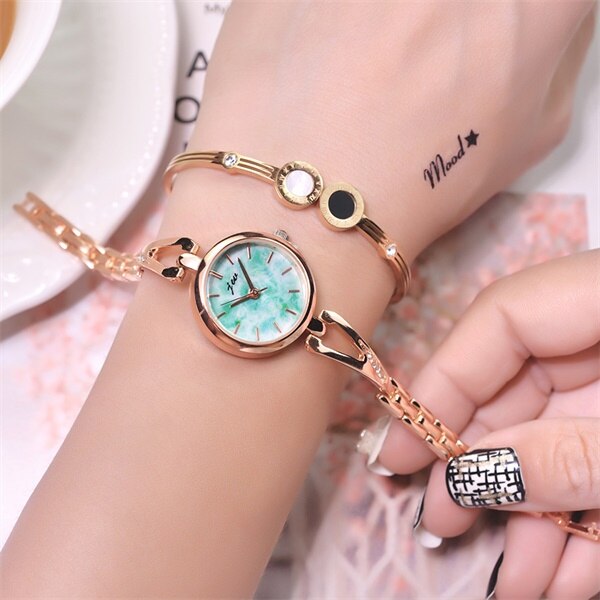 Luxus Goldene Edelstahl Frauen Armbinde Uhren schneiden Oberfläche Marmor Zifferblatt Damen Armbanduhren Kleine Weibliche Uhr: Grün