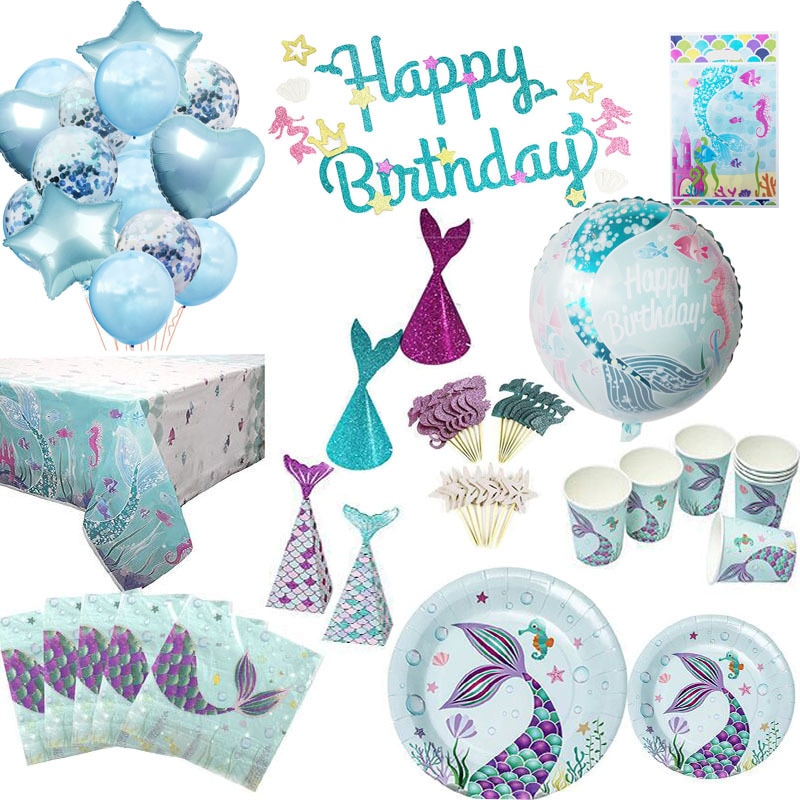 Mermaid Theme Birthday Party Decoration Mermaid Party Disposable Tableware Set Cake Topper Baby Shower Girl 1st Birthday Party