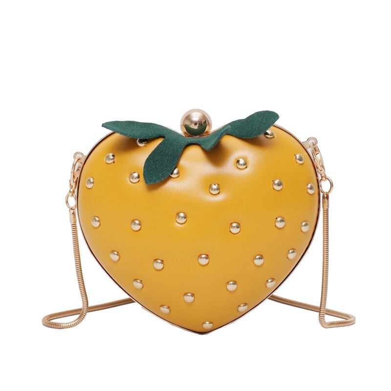 Sac à main en forme de fraise pour femmes, petit sac à bandoulière avec chaîne en métal, porte-monnaie cloutée: YELLOW