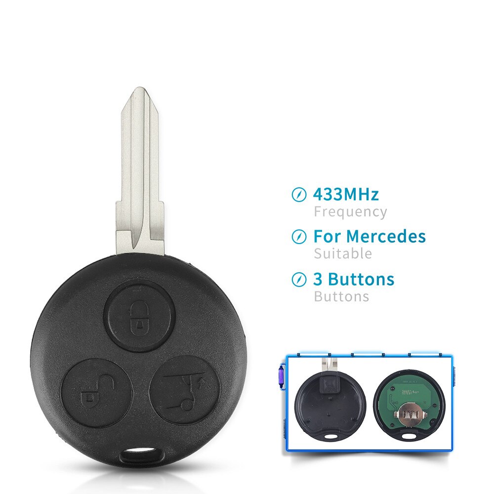 KEYYOU For MB Mercedes Benz Smart Fortwo 450 Forfour Roadster City Coupe 3 Buttons 433Mhz Auto Remote Key Fob Uncut Blank Blade: Remote Key