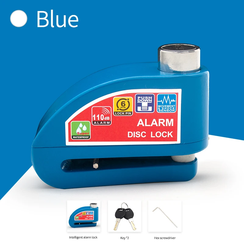 Blocco allarme bicicletta scooter moto freno a disco ruota antifurto impermeabile blocco freno di sicurezza in lega di alluminio accessori moto: Blu