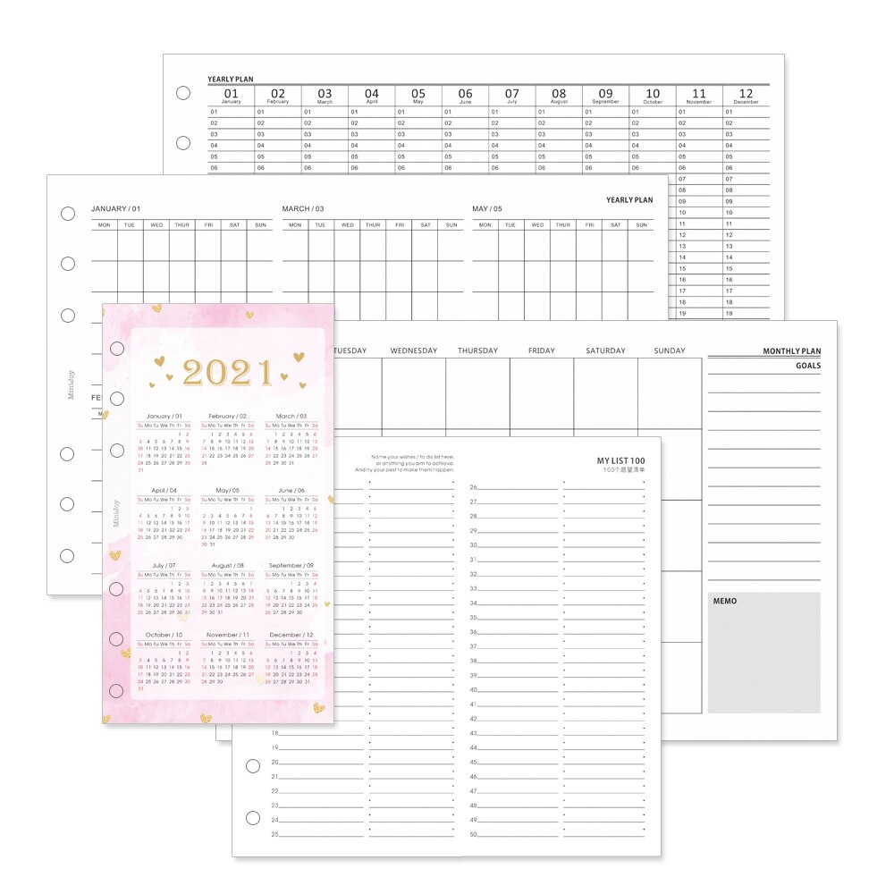 Mypretties Basic Kalender Jaarlijks Maandelijkse Planner Lijst Vullingen A5 A6 Drievoudige Filler Papers Voor 6 Gat Organizer Binder