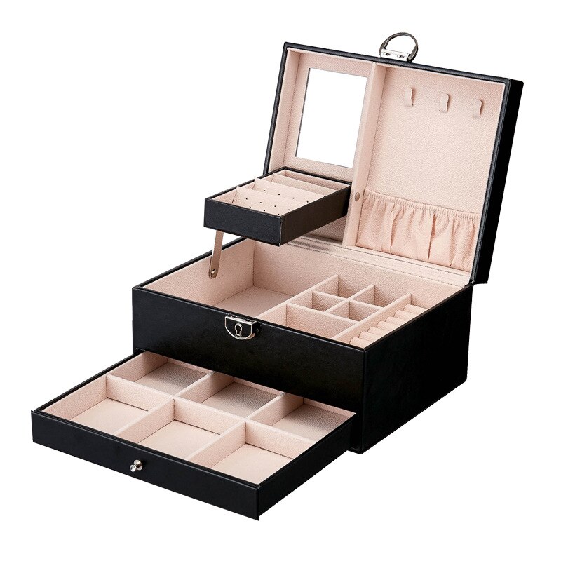 Multi-Function Storage Box Leather Jewelry Box Multi-Layer Large-Capacity Jewelry Organizer For Necklace Rings Earring: Black