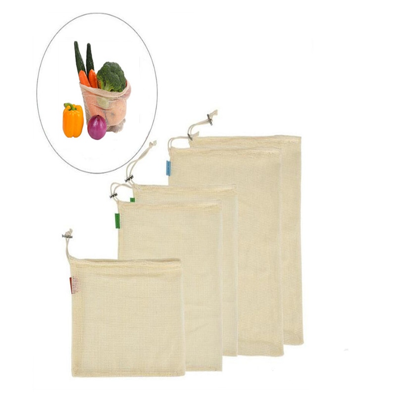 Herbruikbare mesh-productentassen, eco-superieure dubbel gestikte stoffen trekkoord mesh-tas voor het winkelen voor fruit, groenten en reizen